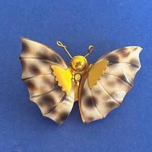 Vintage Butterfly Cowrie Shell Brooch Gold Tone Nature Inspired Pin 1970's